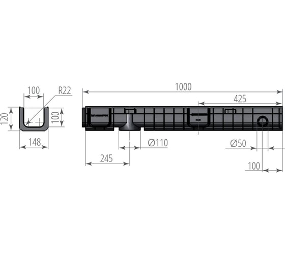 Лоток Aquastok ЛВП Norma DN100 H120 C250 1000x148x120 (11012) 549074