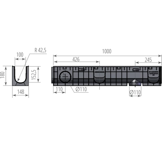 Лоток Aquastok ЛВП Norma DN100 H180 C250 1000x148x180 (11018) 549086