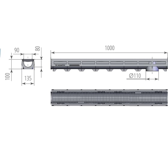 Лоток Aquastok AQUA-TOP DN90 H100 А15 1000x135x100 с пластиковой решеткой (комплект) (1092) 549067