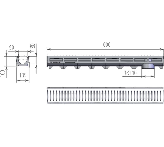 Лоток Aquastok AQUA-TOP DN90 H100 A15 1000x135x100 с оцинкованной решеткой (комплект) (1091н) 549068