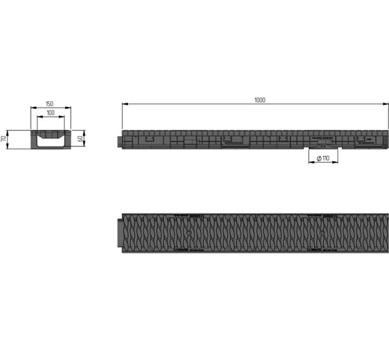 Лоток Aquastok ЛВП Master DN100 H70 B125 1000x148x70 с пластиковой решеткой (комплект) (110701) 549069