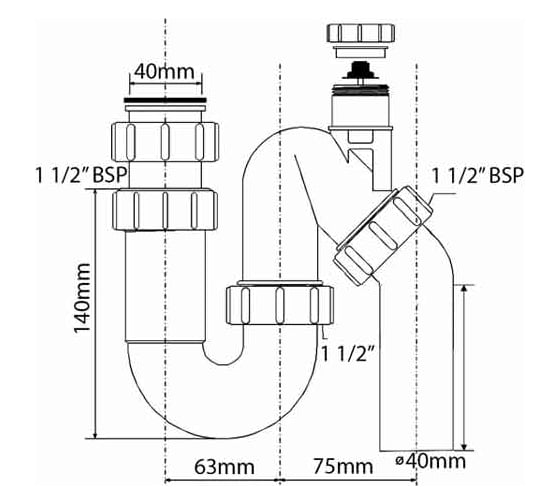 Сифон McAlpine без выпуска d40-40 P/S-образный, с вентиляционным клапаном MRSK12V