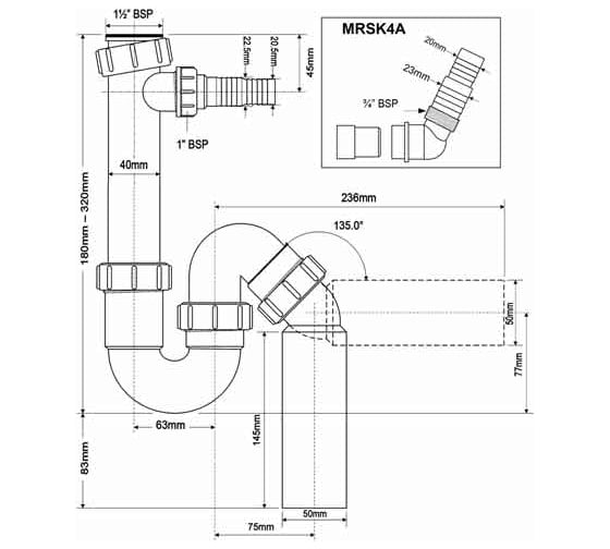 Сифон McAlpine без выпуска d40-40/50 P/S-образный, с носиком MRSK4A