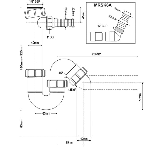 Сифон McAlpine без выпуска d40-40/40 P/S-образный, с носиком MRSK6A