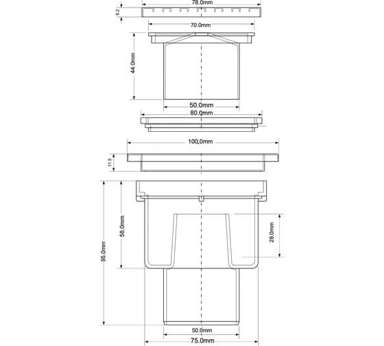 Трап McAlpine пластиковый, D50-10x10 прямой (решетка нерж.) MRFG4V