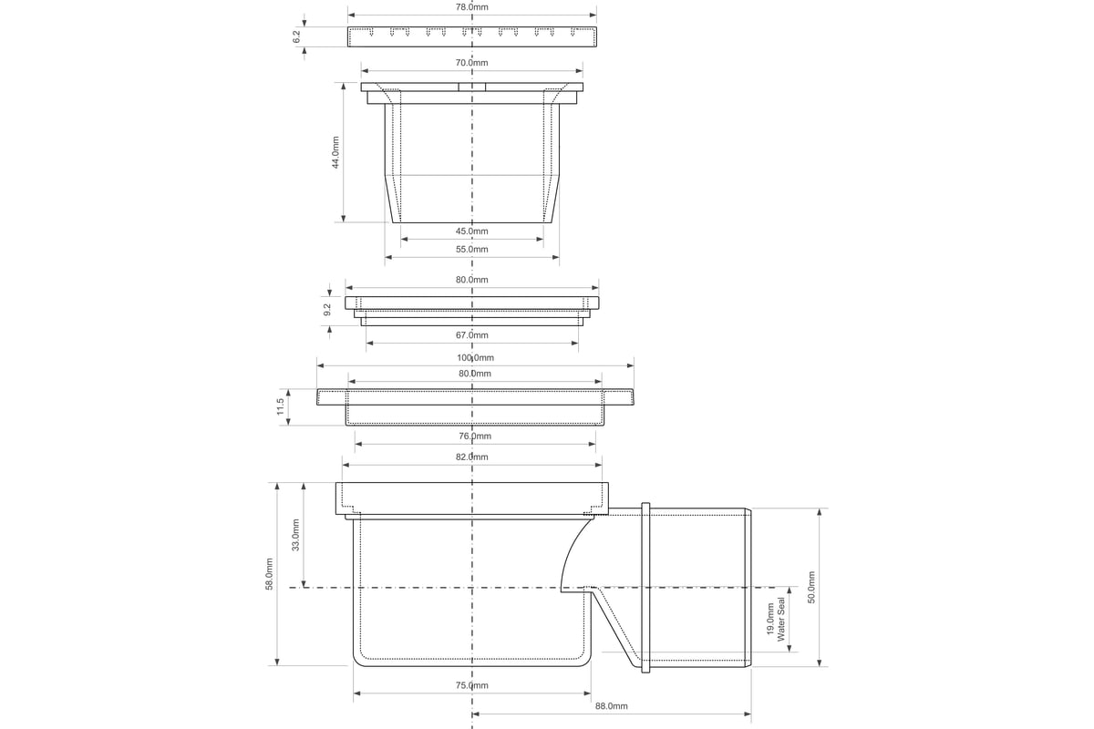 Трап McAlpine пластиковый, d50-10x10 угловой (решетка нерж.) MRFG4 ...