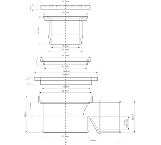 Трап McAlpine пластиковый, d50-10x10 угловой (решетка нерж.) MRFG4