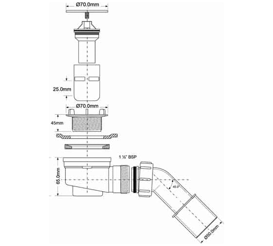 Сифон для поддона McAlpine (выпуск 70 мм) 50/60-1 1/2, h=65мм, с гофрой 40/50 (L=300-500мм) MRS5C-SLF-65