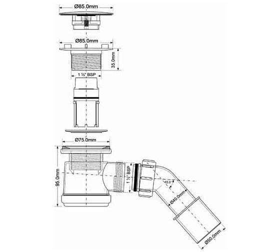 Сифон для поддона McAlpine (выпуск 85 мм) 50/75-1 1/2, h=92мм, с трубкой 40/50 MRS3C-S
