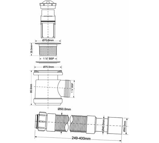 Сифон для поддона McAlpine бутылочный, с раздвижной отводной трубой MRS2W-F
