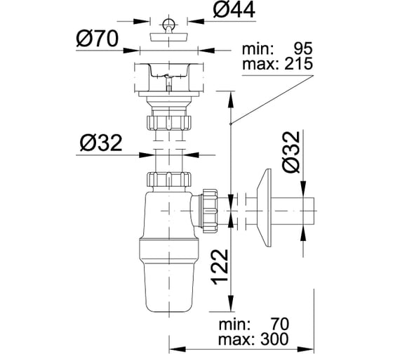 Сифон для раковины STYRON с большим стоком, с водосливом, с трубой 32 мм STY-534-32