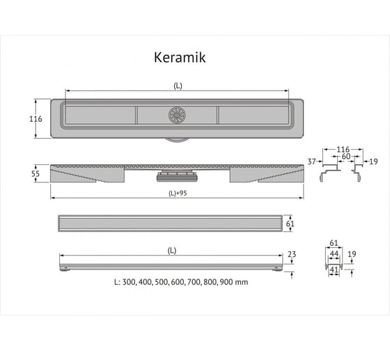 Напольный желоб водосток Berges B1 Keramik 800 нержавеющая сталь, решетка черный матовый, S-сифон вертикальный 095019