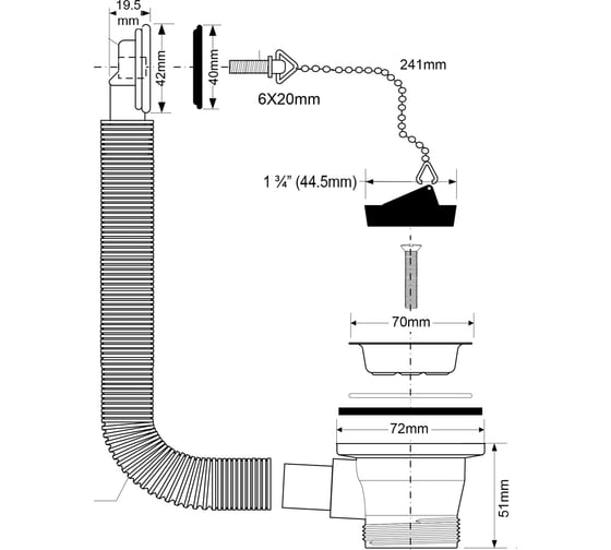 Перелив с прямоугольным сливом McAlpine ф40- 70 OR2-70