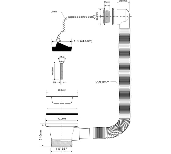Перелив с круглым сливом McAlpine ф40- 70 нерж. решетка OF2-70