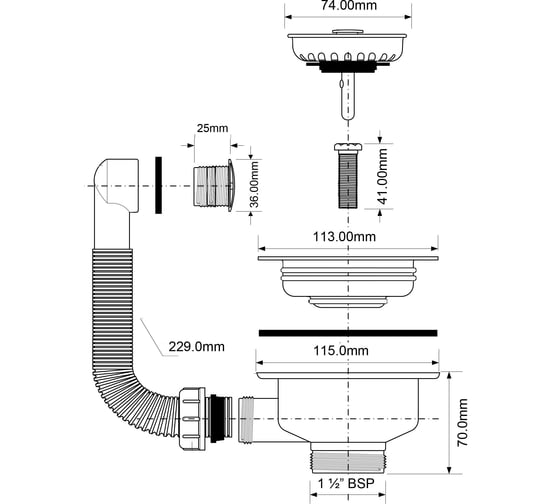 Перелив с круглым сливом McAlpine ф40-113 цвет-полярный белый, фактура гранит OF2-113S-PWG