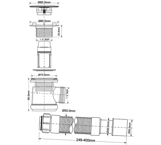 Трап для поддона McAlpine (выпуск 85мм) 50/75-1 1/2, h=92мм, с гофрой 40/50 (L=300-500мм) MRS3C-SF
