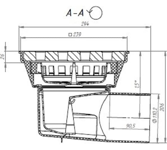 Нерегулируемый трап Fachmann Т 605 PNsP 246x244 горизонтальный выпуск dn 110 с корзинкой и незамерзающим сифоном, решетка чугунная, пластиковый подрамник 04.091
