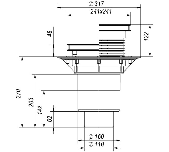 Регулируемый трап Fachmann t 616.0 pnsp 241x241 вертикальный выпуск, dn 110/160, с корзинкой и незамерзающим сифоном, без прижимного фланца, решетка чугунная, пластиковый подрамник 04.093