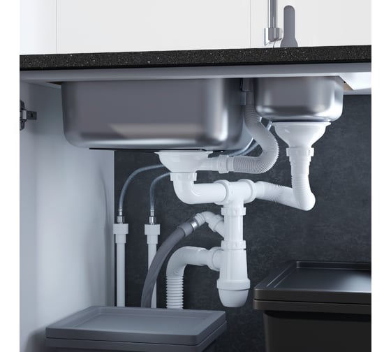 Сифон для двойной мойки IDDIS с выпуском 3 1/2, с переливом и отводом kitchen line S21UPS0i84