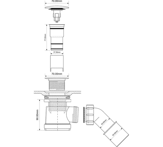 Трап для поддона McAlpine (выпуск 70мм) 50/60-11/2, h=92мм,с трубкой 40/50(тип кнопка) хром/сатин MRS2CL-SC