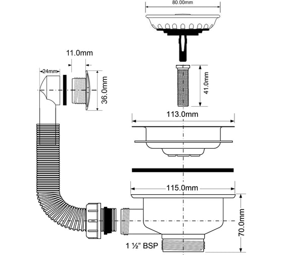 Перелив McAlpine с круглым сливом ф40-113 и со съемной решеткой OF2-113SST