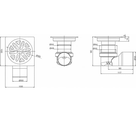 Сантехнический трап MAGdrain (100х100, магнитный клапан, нерж., матовый) PFC 35 Q50-B