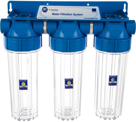 Трехступенчатая линейная система для фильтрации Aquafilter тройной натрубный корпус, резьба 3/4" FHPRCL34-B-TRIPLE 467