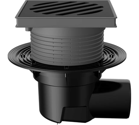 Регулируемый трап Fachmann t 615.0 pnsp 241x241 мм, горизонтальный выпуск, dn 110, с корзинкой и незамерзающим сифоном, без прижимного фланца, решетка чугунная, пластиковый подрамник 04.097