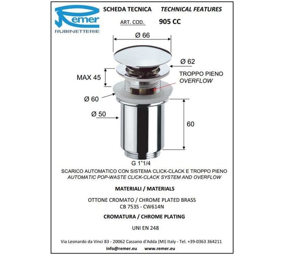 Донный клапан REMER 905CC2114