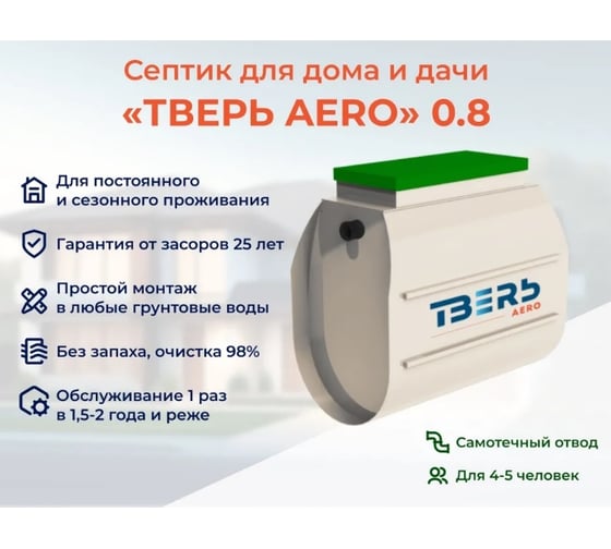 Септик СЕПТИК ТВЕРЬ «ТВЕРЬ AERO 0.8», (автономная канализация для дома и дачи), производительность: 0,8 м3/сут, глубина подводящего трубопровода:30 см, отвод: самотечный 1480800