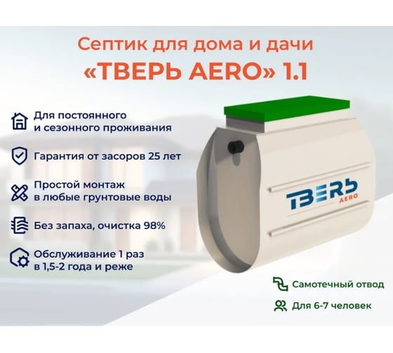 Септик СЕПТИК ТВЕРЬ «ТВЕРЬ AERO 1.1», (автономная канализация для дома и дачи), производительность: 1,1 м3/сут, глубина подводящего трубопровода:30 см, отвод: самотечный 1481000