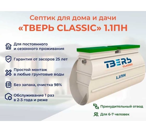 Септик СЕПТИК ТВЕРЬ CLASSIC 1,1ПН (автономная канализация для дома и дачи), производительность:1 м3/сут, глубина подводящего трубопровода:30 см, отвод: принудительный 1850801