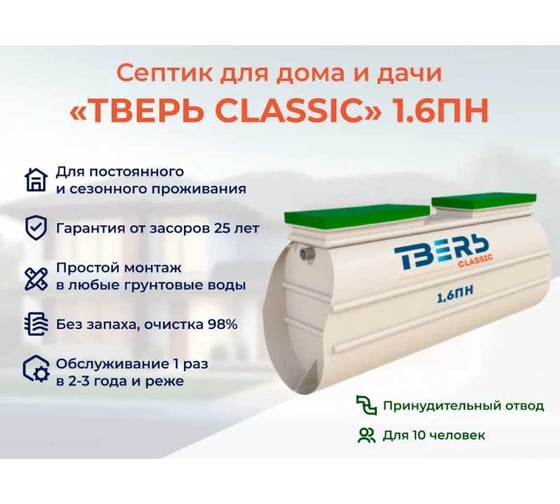 Септик СЕПТИК ТВЕРЬ «ТВЕРЬ CLASSIC 1,6ПН» автономная канализация для дома и дачи, производительность 1,6 м3/сут, глубина подводящего трубопровода 30 см, отвод принудительный 1480301