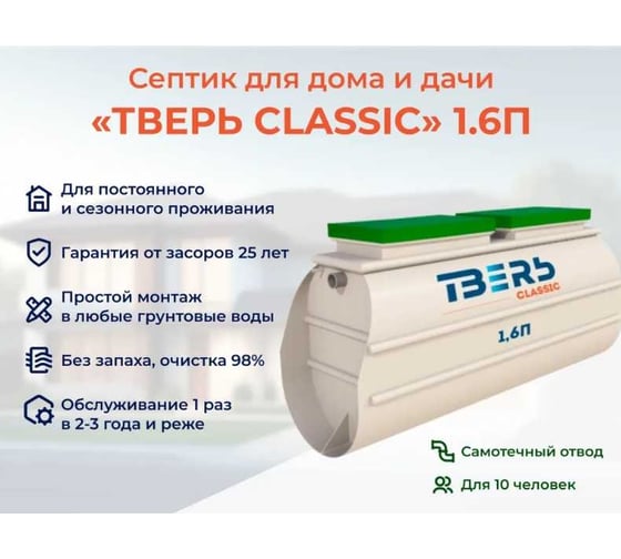 Септик СЕПТИК ТВЕРЬ «ТВЕРЬ CLASSIC 1,6П» автономная канализация для дома и дачи, производительность 1,6 м3/сут, глубина подводящего трубопровода 30 см, отвод самотёчный 1480300