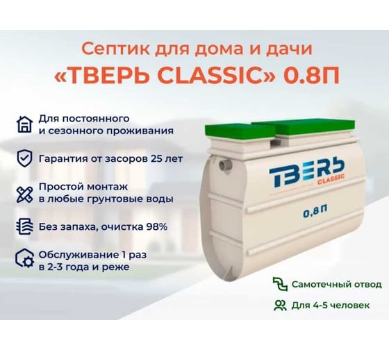 Септик СЕПТИК ТВЕРЬ «ТВЕРЬ CLASSIC 0,8П» автономная канализация для дома и дачи), производительность 0,8 м3/сут, глубина подводящего трубопровода 30 см, отвод самотёчный 1850900
