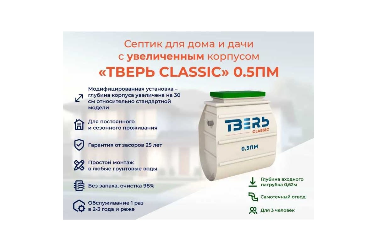 Септик СЕПТИК ТВЕРЬ «ТВЕРЬ CLASSIC 0,5ПМ» автономная канализация для дома и  дачи, производительность 0,5 м3/сут, глубина подводящего трубопровода 60 ...