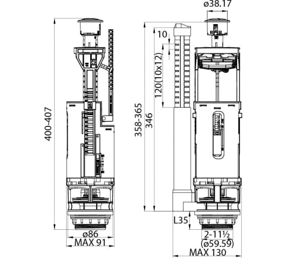 Двухуровневая водосливная арматура нижний подвод Тип B, трапециевидная резинка IDDIS F012400-02K 2