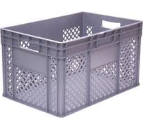 Ящик полимерный Тара.ру 600х400х340 стенки перфо, дно гладкое, 2 открытые ручки, цв. серый 32409