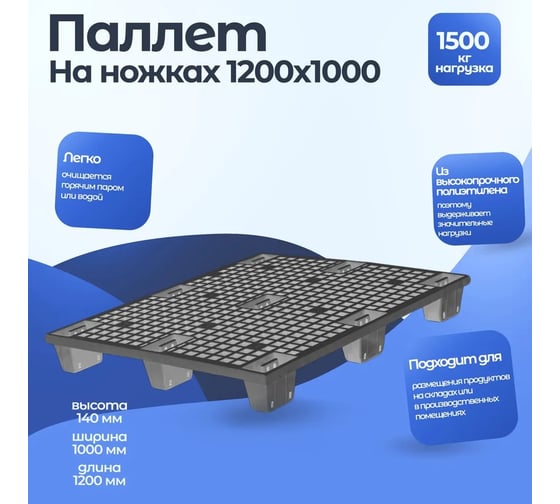 Паллет Тара.ру 1200x1000x140 мм, перфорированный, вкладываемый, на ножках, цв. чёрный 24749