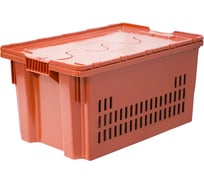Ящик с крышкой п/э 600х400х300 дно сплошное, стенки перфорированные, оранжевый Тара.ру 18772