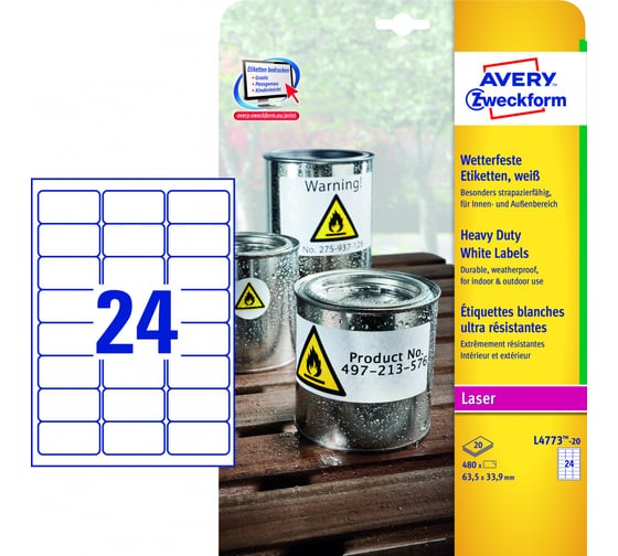 Всепогодные самоклеящиеся этикетки Avery Zweckform 63.5x33.9 мм белые 480 шт L4773-20 1