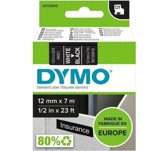 Картридж с лентой Dymo S0720610 12 мм, 7 м, пластик, белый на черной ленте DYMO45021
