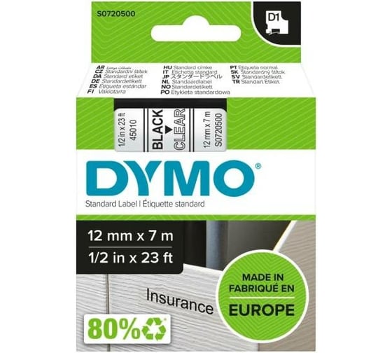 Картридж с лентой Dymo S0720500 12 мм, 7 м,, пластик, черный на прозрачном DYMO45010