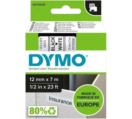 Картридж с лентой Dymo S0720530 12 мм, 7 м, пластик, черный на белой ленте DYMO45013 - выгодная цена, отзывы, характеристики, фото - купить в Москве и РФ