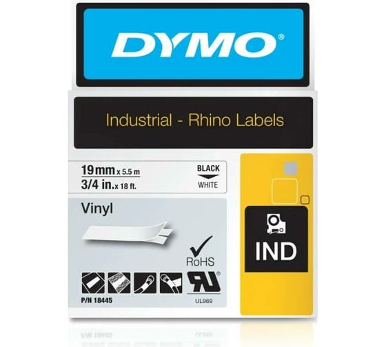 Картридж для маркировки с виниловой лентой Dymo S0718620 19 мм, 5.5 м, черный на белой ленте DYMO18445 1