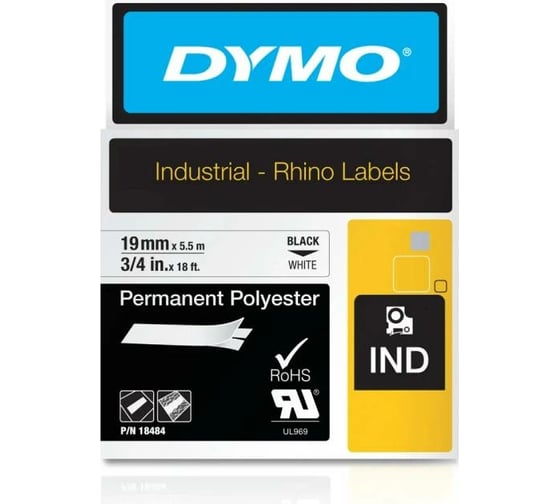 Полиэстерная лента с постоян. клеем Dymo 19 мм, 5.5 м, выдерживает экстрем. темп-ры, черн. на бел. DYMO18484