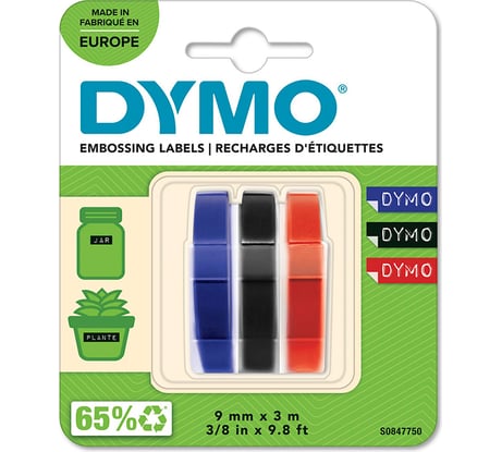 Лента для механических принтеров Dymo S0847750 9 мм, 3 м, пластик, черн., син., красн., 3 шт. блистер DYMO146079
