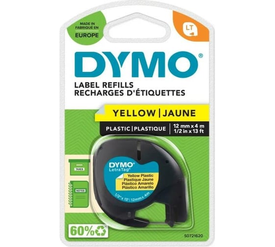 Лента Dymo S0721620 для LetraTag 12 мм, 4 м, пластиковая, желтая, в блистере DYMO91222