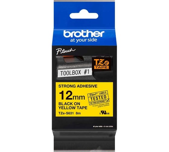Лента для печати наклеек Brother TZe-S631 12 мм, чёрный на жёлтом фоне, 8 м TZES631