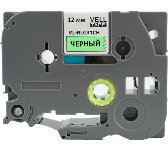 Атласная лента Vell VL-RLG31CH (с чипом, 12 мм, черный на нежно-зеленом) для Puty PT-100E/100ECH, Brother D200/E110/D600/E300/P700 1350701
